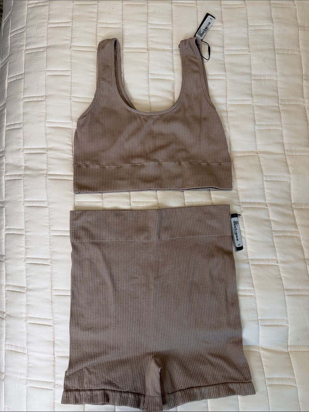 SKIMS Ribbed Tank and High-Waist Shorts Set in Taupe
